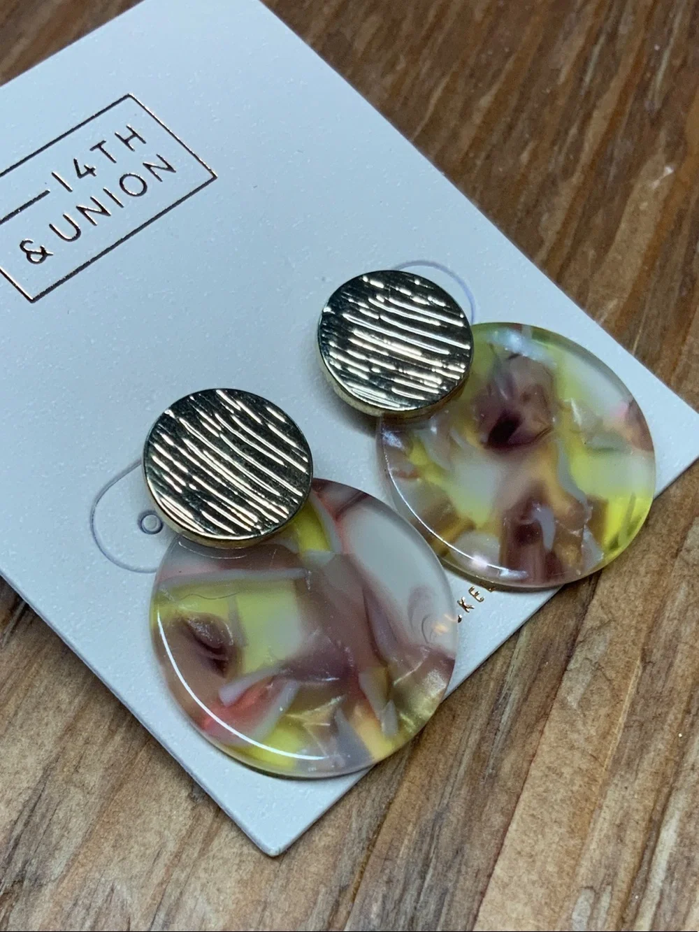 14th & Union Marbled Yellow and Mauve Disc Drop with Gold Tops Earrings